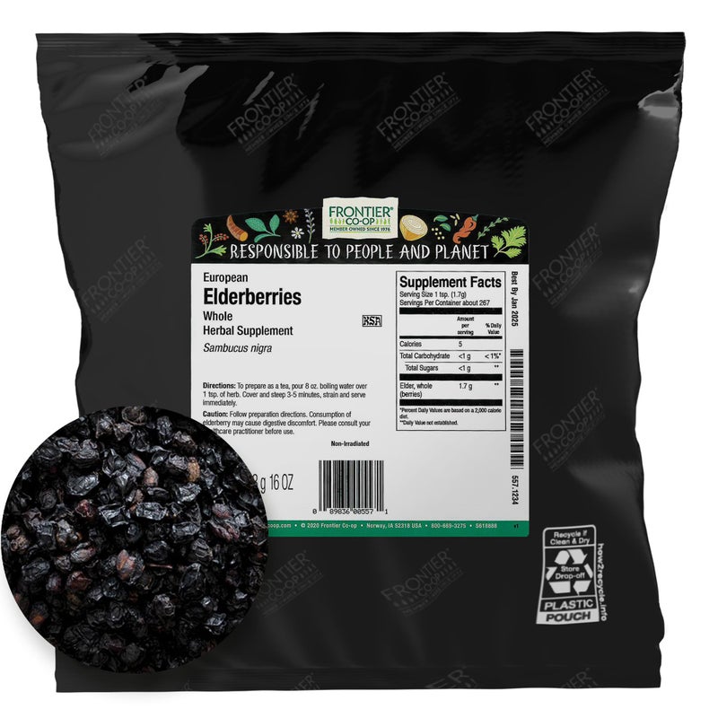 Frontier Coop Dried Elderberries 2lb Bulk Bag Whole Berries Kosher and NonGMO Dried Fruit for Elderberry Powder Tea and Syrup